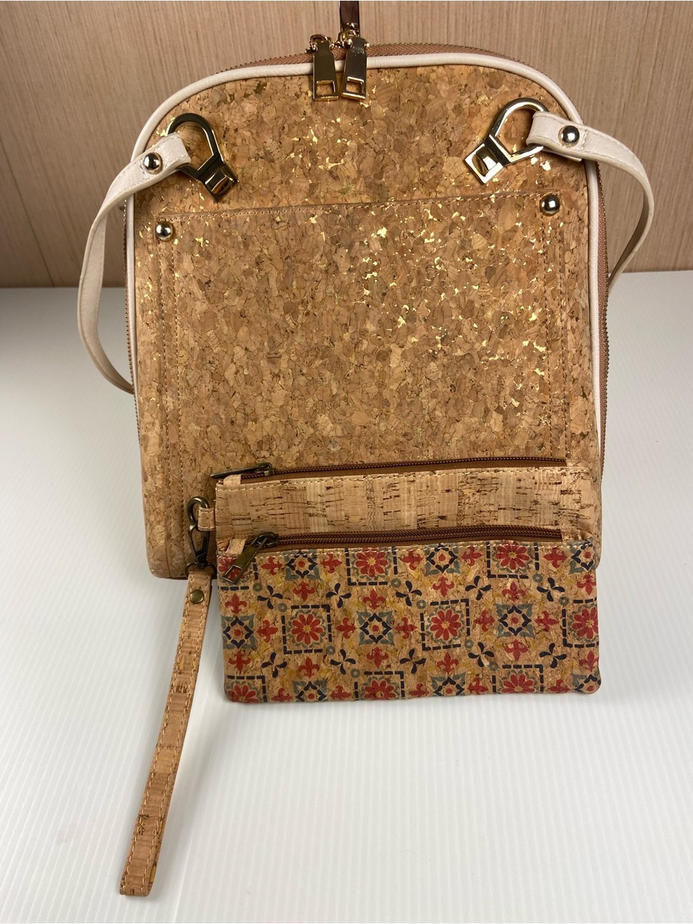 Mistique Convertible Cork Backpack Purse & Matching Wristlet Set